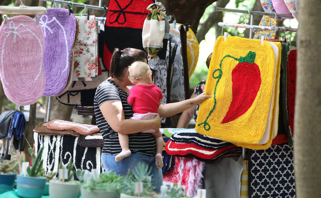 Imagem mostra uma mulher com uma criança em seu colo, observando os produtos de uma das barracas da Feira no Parque Ecológico Taboão.