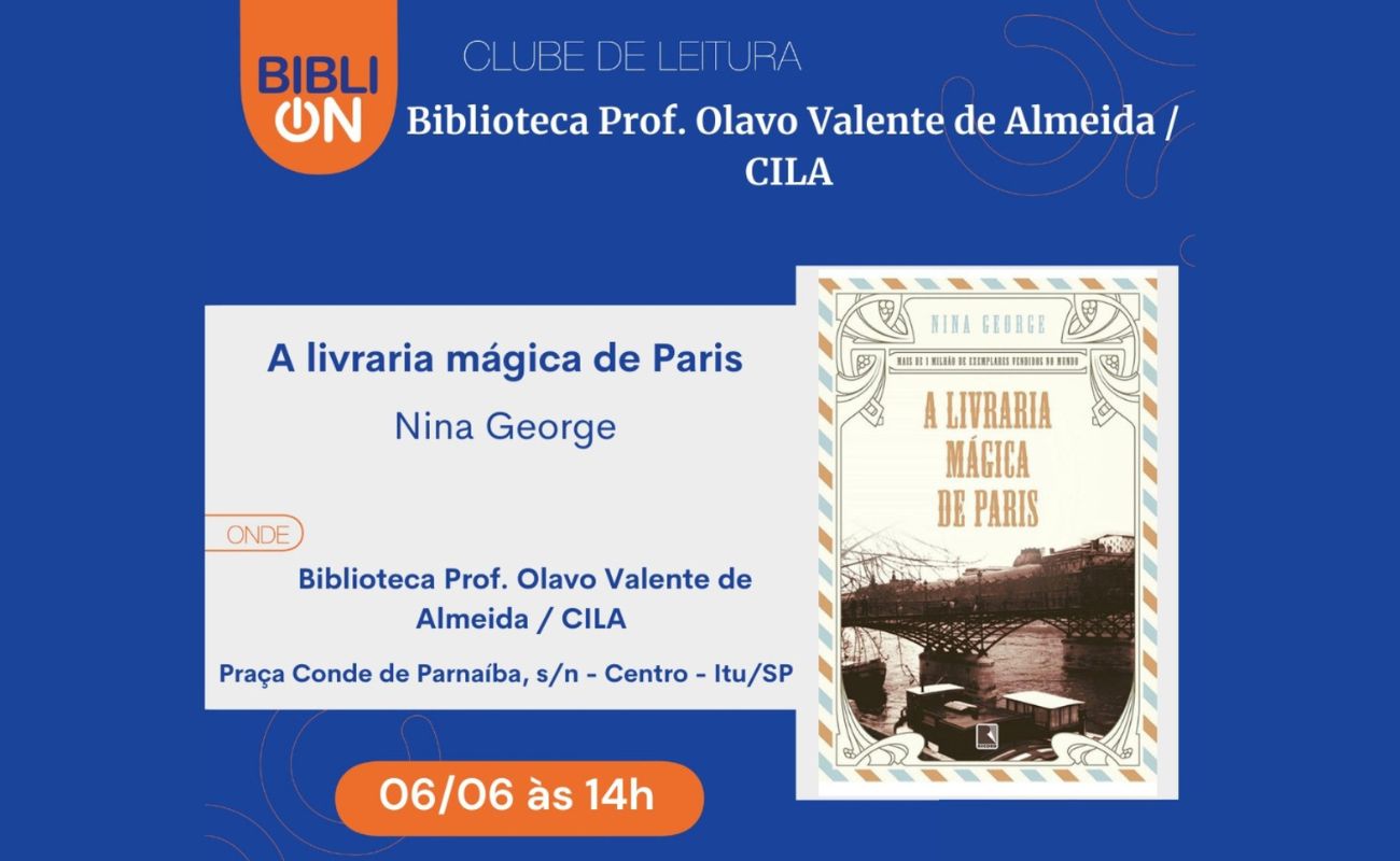Imagem mostra uma divulgação do evento Clube do Livro, com uma foto da capa do livro "A livraria mágica de Paris".