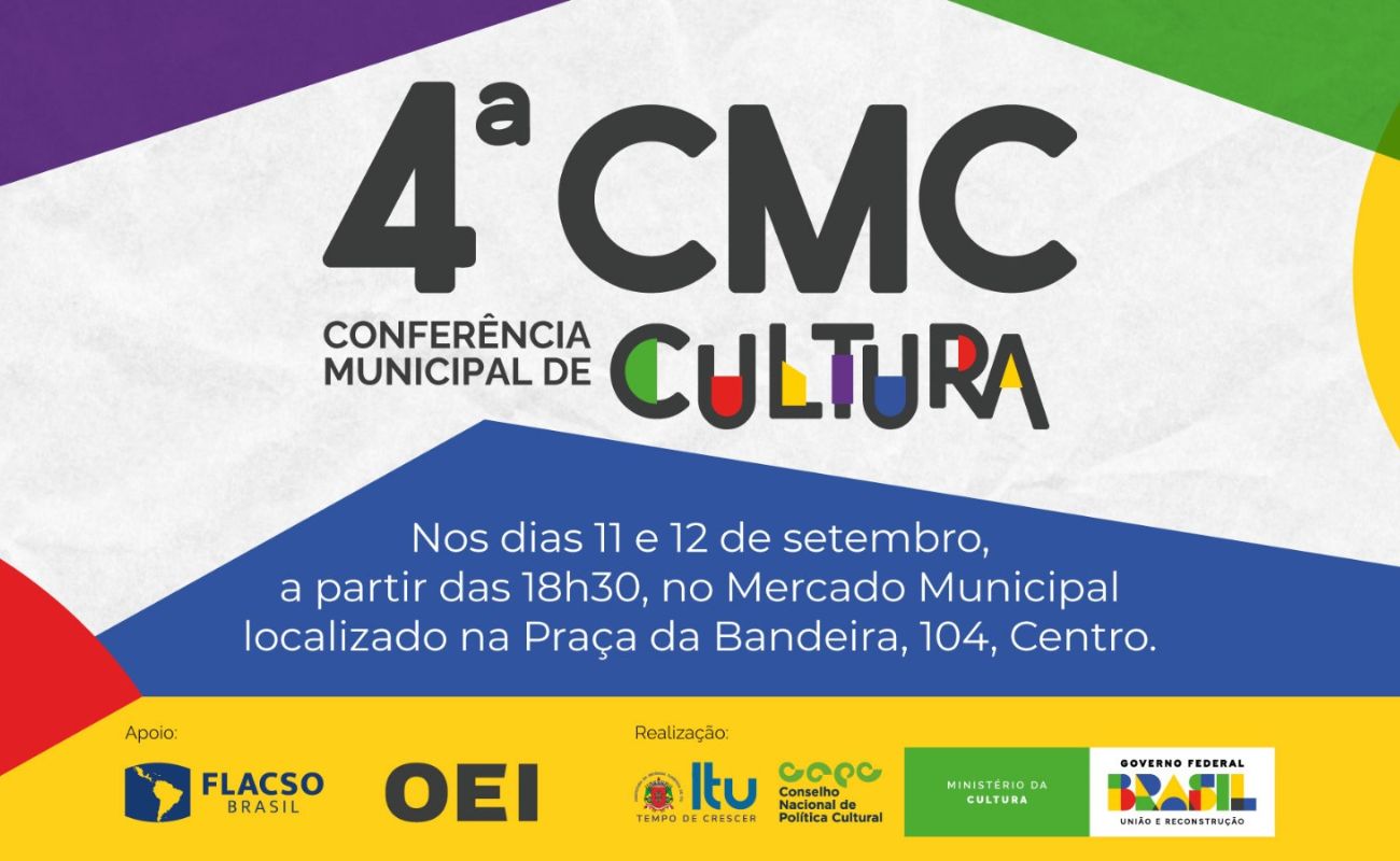 Imagem mostra o logo com a divulgação da IV Conferência Municipal de Cultura, que teve suas inscrições prorrogadas em Itu.