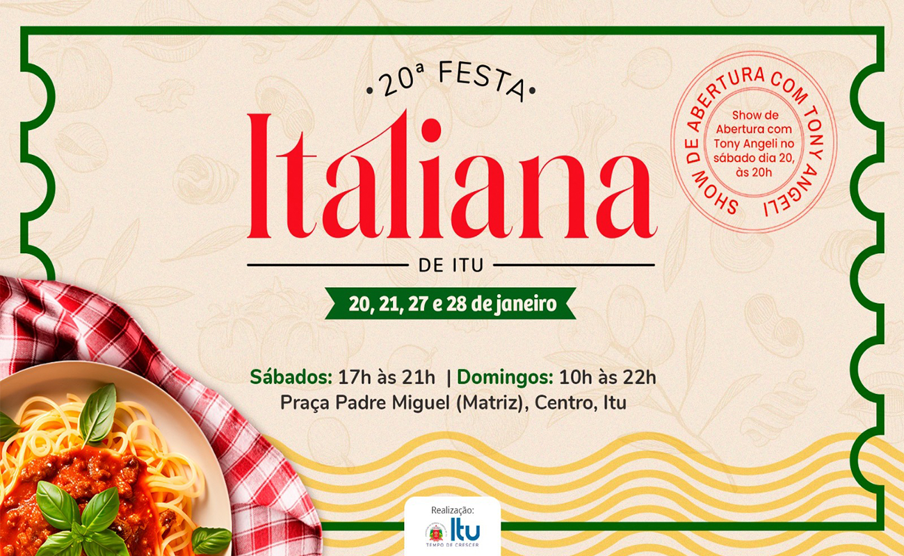 Imagem mostra uma arte com informações sobre a Festa Italiana de Itu.