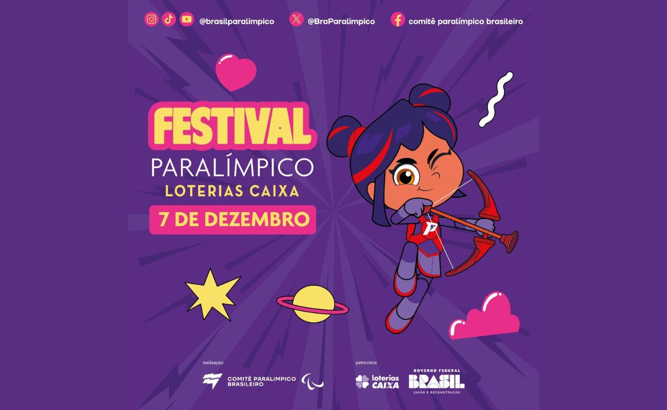 Imagem mostra uma arte de divulgação do Festival Paralímpico Loterias Caixa