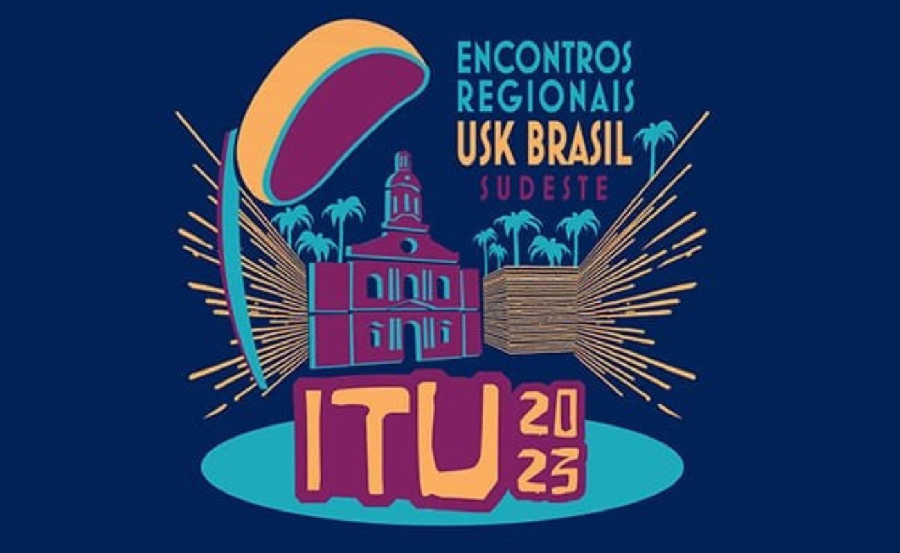 Imagem mostra o orelhão de Itu com os seguintes dizeres em letras azul, laranja e roxa (Encontros Regionais Usk Brasil Sudeste Itu 2023). Participam do encontro desenhistas urbanos