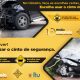 Imagem mostra informações sobre a ação Maio amarelo e dois carros batidos, com pessoas preocupadas.