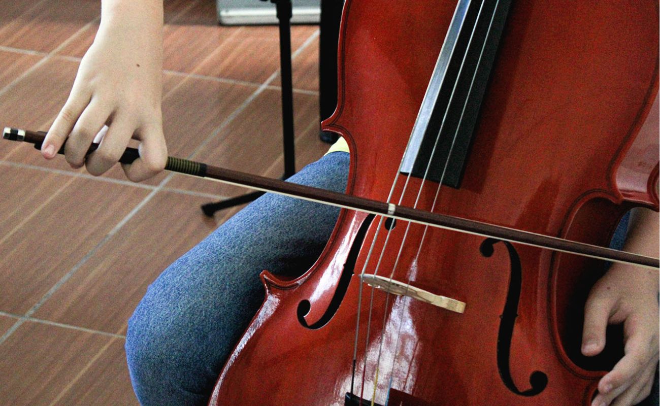 Imagem mostra em foco as mãos de uma pessoa tocando violino em uma das aulas do Projeto Guri.