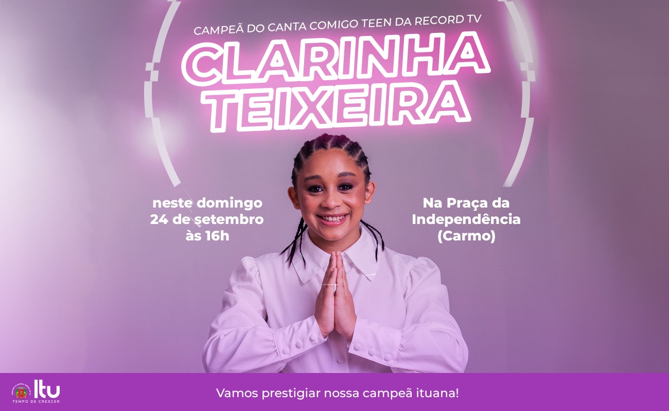 Imagem mostra a cantora Clarinha Teixeira com as mãos juntas em agradecimento aos votos recebidos que a sagrou vencedora do programa Canta Comigo Teen 4, da Rede Record.