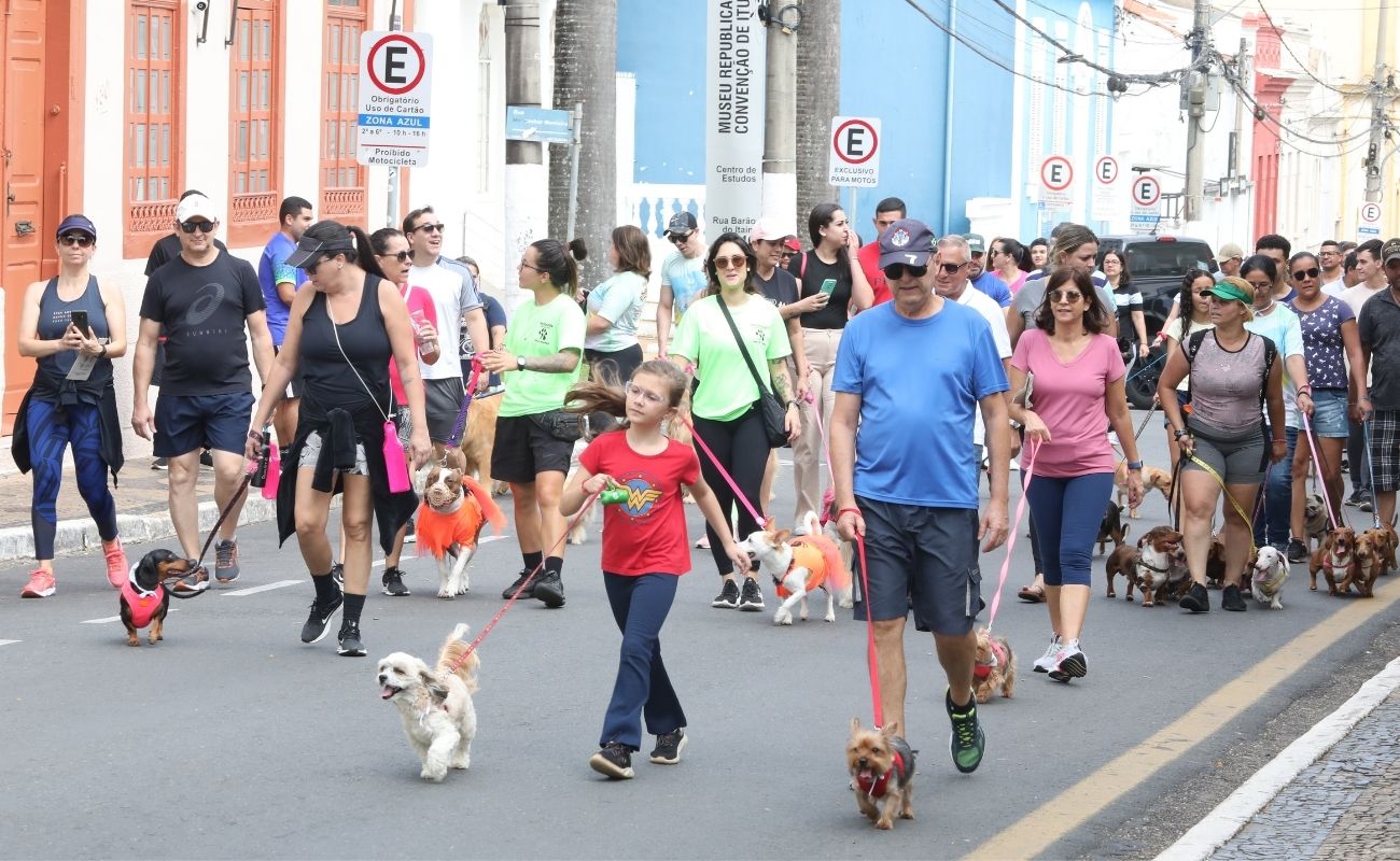 Imagem mostra pessoas caminhando com seus animais de estimação em coleiras pelas ruas da cidade, durante 12º Cãominhada de Itu.