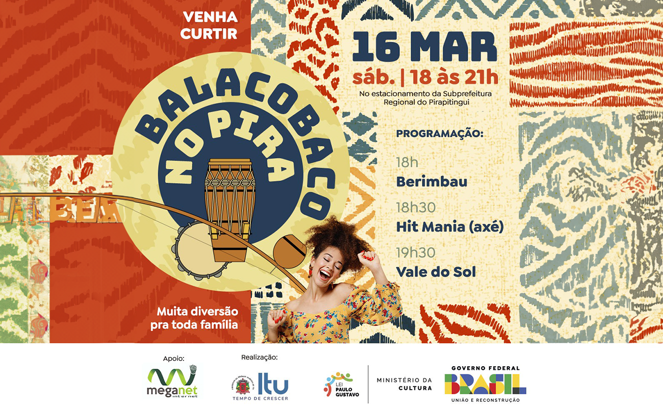 Imagem mostra uma mulher sorrindo com instrumentos de capoeira e informações sobre o evento Balacobaco no Pira.