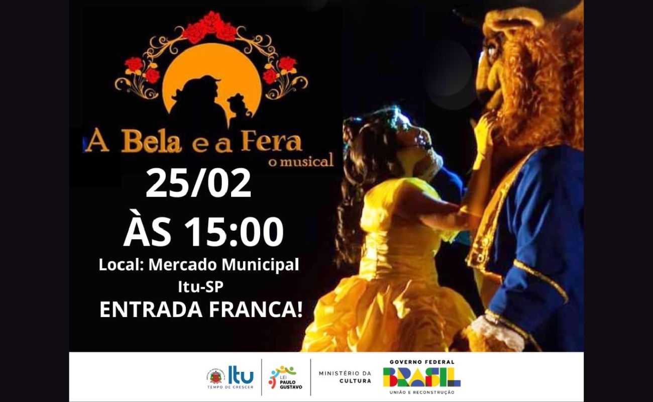 Imagem mostra os personagens A Bela e a Fera junto a informações sobre a apresentação musical que será realizada no Mercado Municipal.
